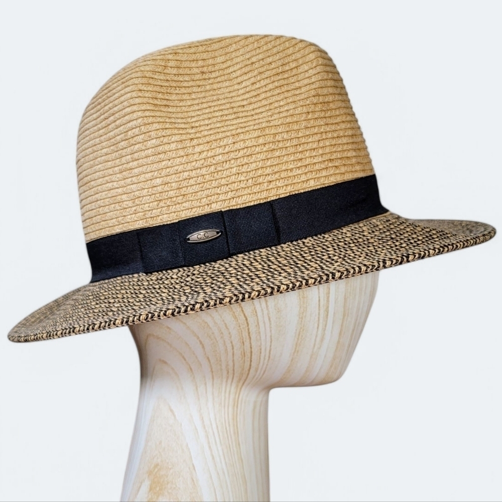 C.C. Exclusives Tan and Black Fedora Sun Hat Beach Pool Garden Vacation OS